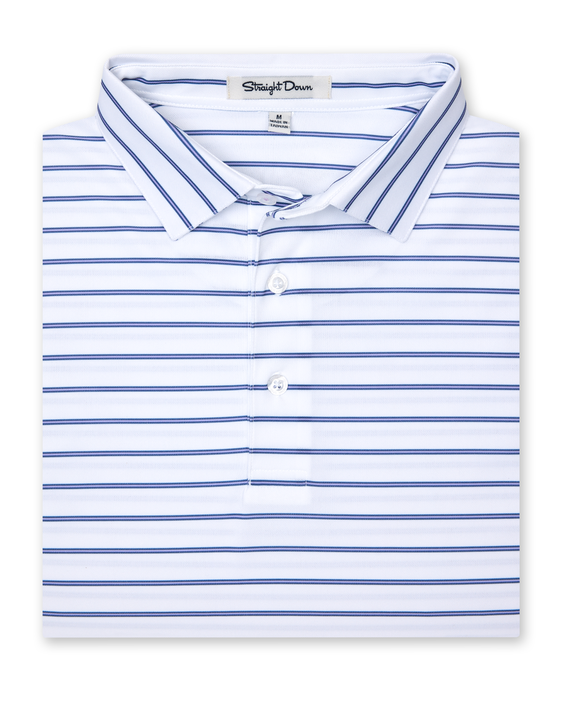 Men's Quintero Stripe Polo in Violet, folded flat lay front view featuring a white base with blue and violet horizontal stripes and button closure