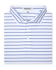Men's Quintero Stripe Polo in Violet, folded flat lay front view featuring a white base with blue and violet horizontal stripes and button closure