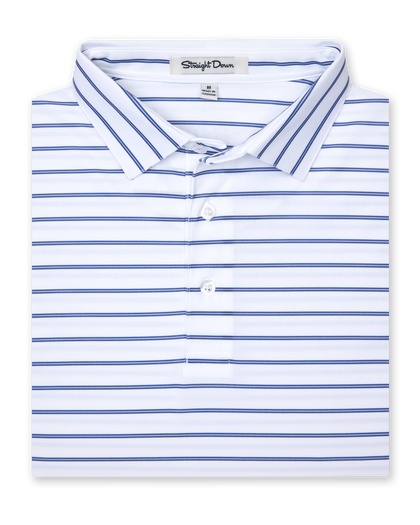 Men's Quintero Stripe Polo in Violet, folded flat lay front view featuring a white base with blue and violet horizontal stripes and button closure