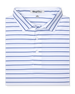 Men's Quintero Stripe Polo in Violet, folded flat lay front view featuring a white base with blue and violet horizontal stripes and button closure