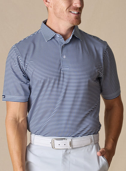 Del Mar Stripe Polo in New Indigo, model wearing front view