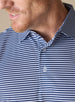 Close-up collar and button placket detail of Del Mar Stripe Polo in New Indigo