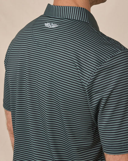 Del Mar Stripe Polo in Dark Forest Green, back logo detail close-up