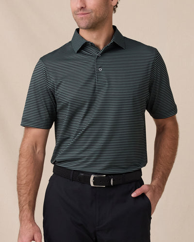 Del Mar Stripe Polo in Dark Forest Green, front lifestyle view on model