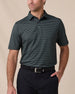 Del Mar Stripe Polo in Dark Forest Green, front lifestyle view on model