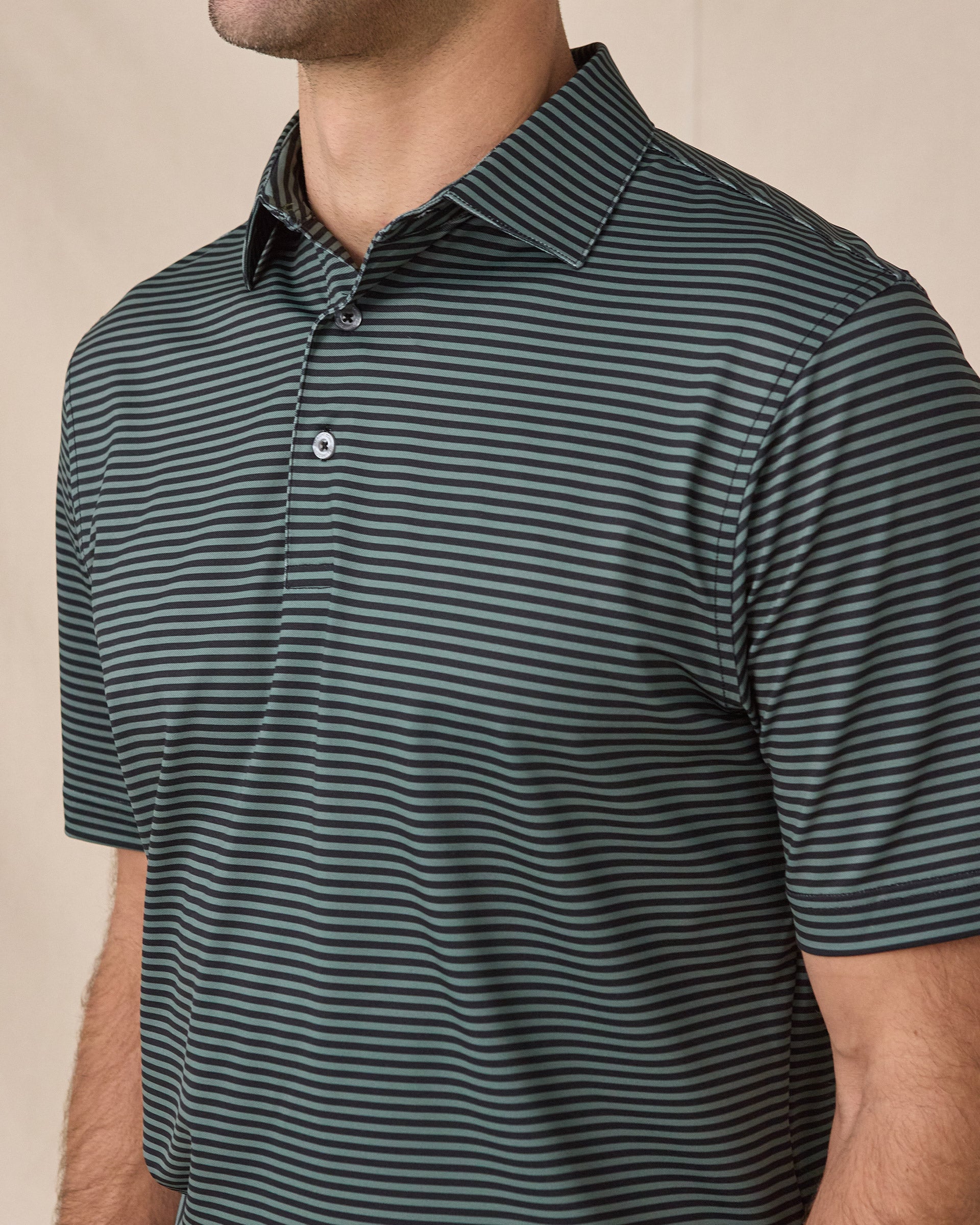 Del Mar Stripe Polo in Dark Forest Green, close-up detail of collar and striped fabric