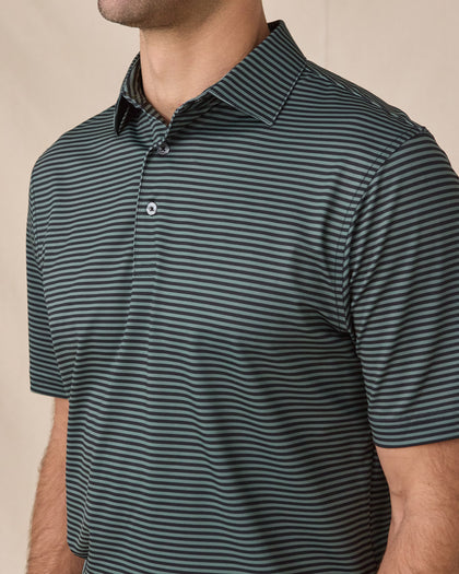 Del Mar Stripe Polo in Dark Forest Green, close-up detail of collar and striped fabric