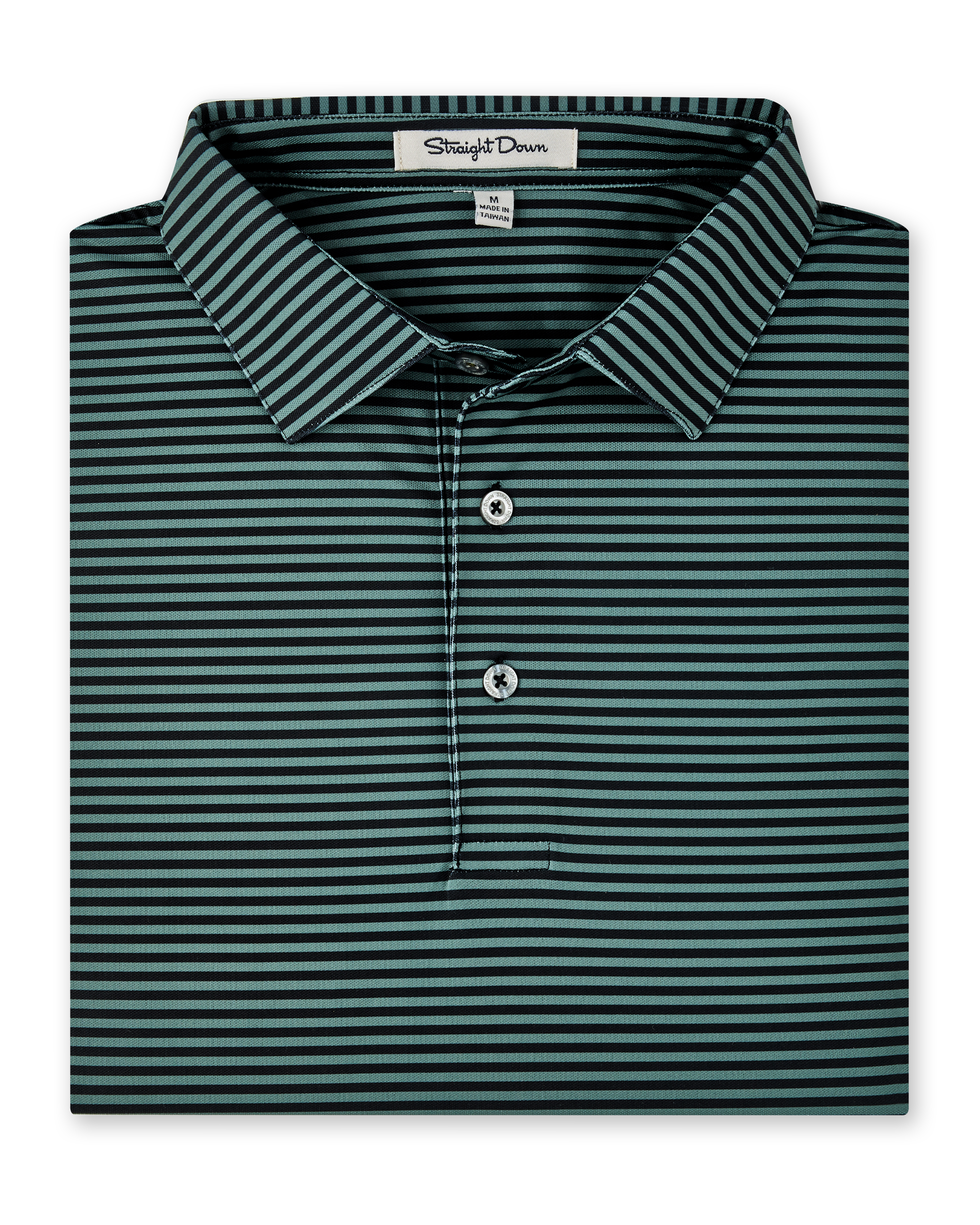 Men’s dark green and black striped golf polo folded with collar and buttons