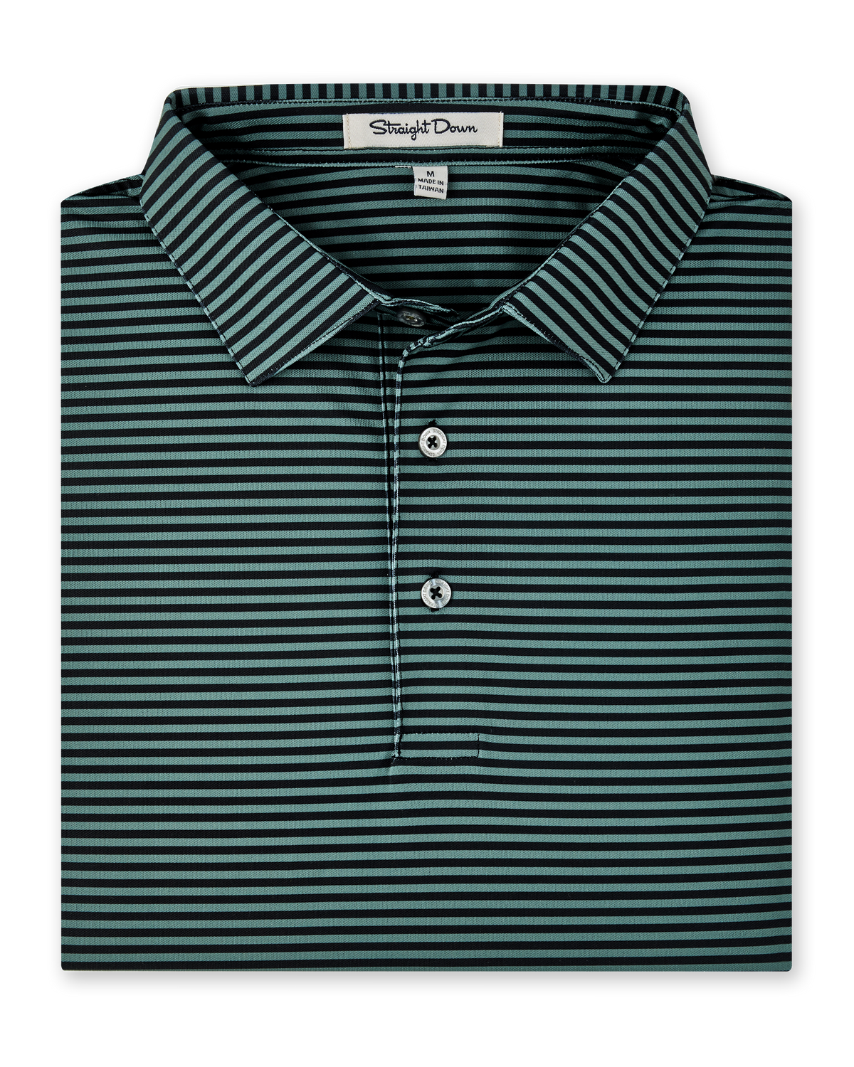Men’s dark green and black striped golf polo folded with collar and buttons