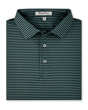 Men’s dark green and black striped golf polo folded with collar and buttons