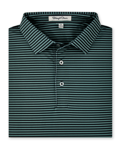 Men’s dark green and black striped golf polo folded with collar and buttons
