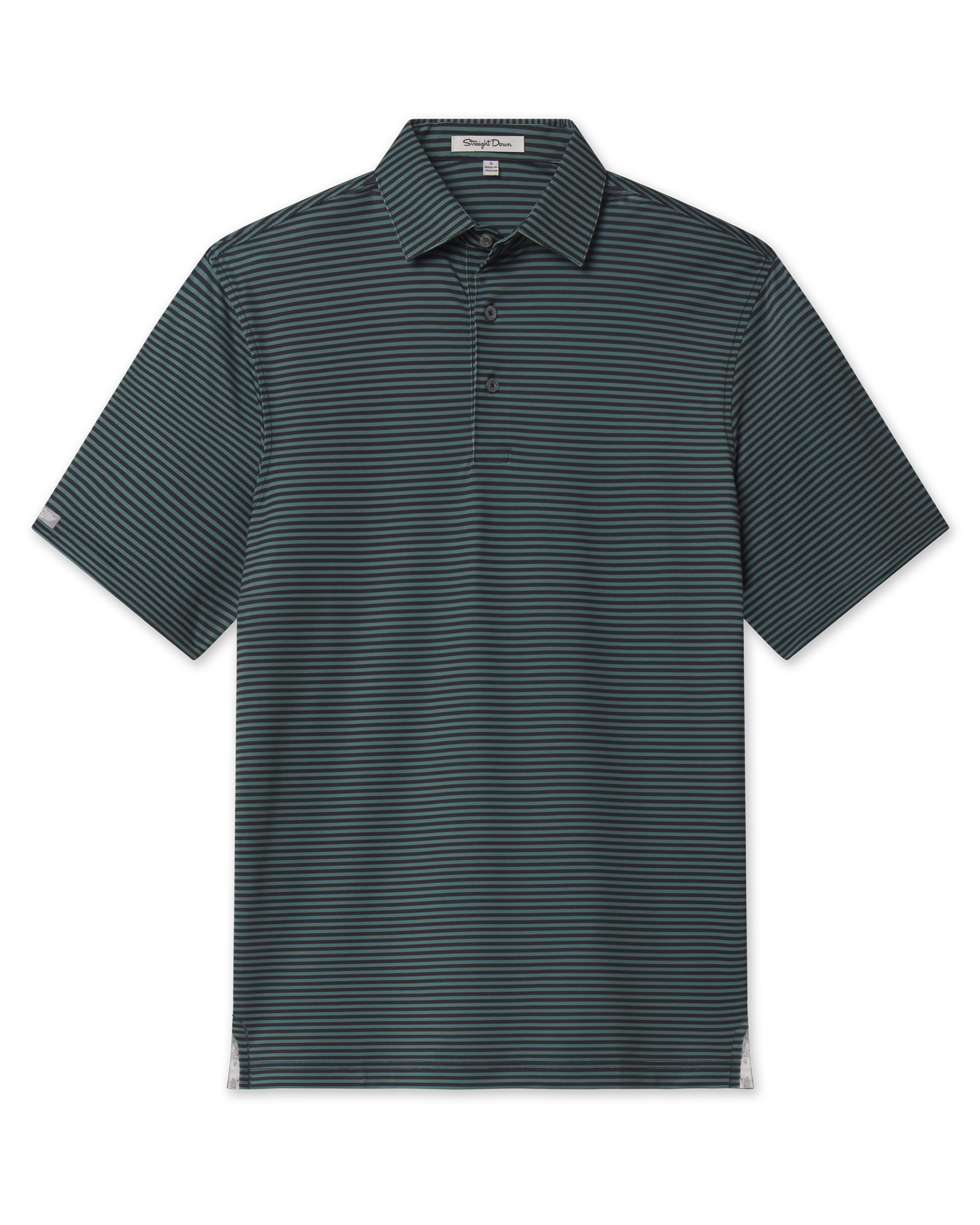 Men’s dark green and black striped short sleeve performance golf polo
