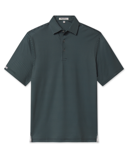 Men’s dark green and black striped short sleeve performance golf polo