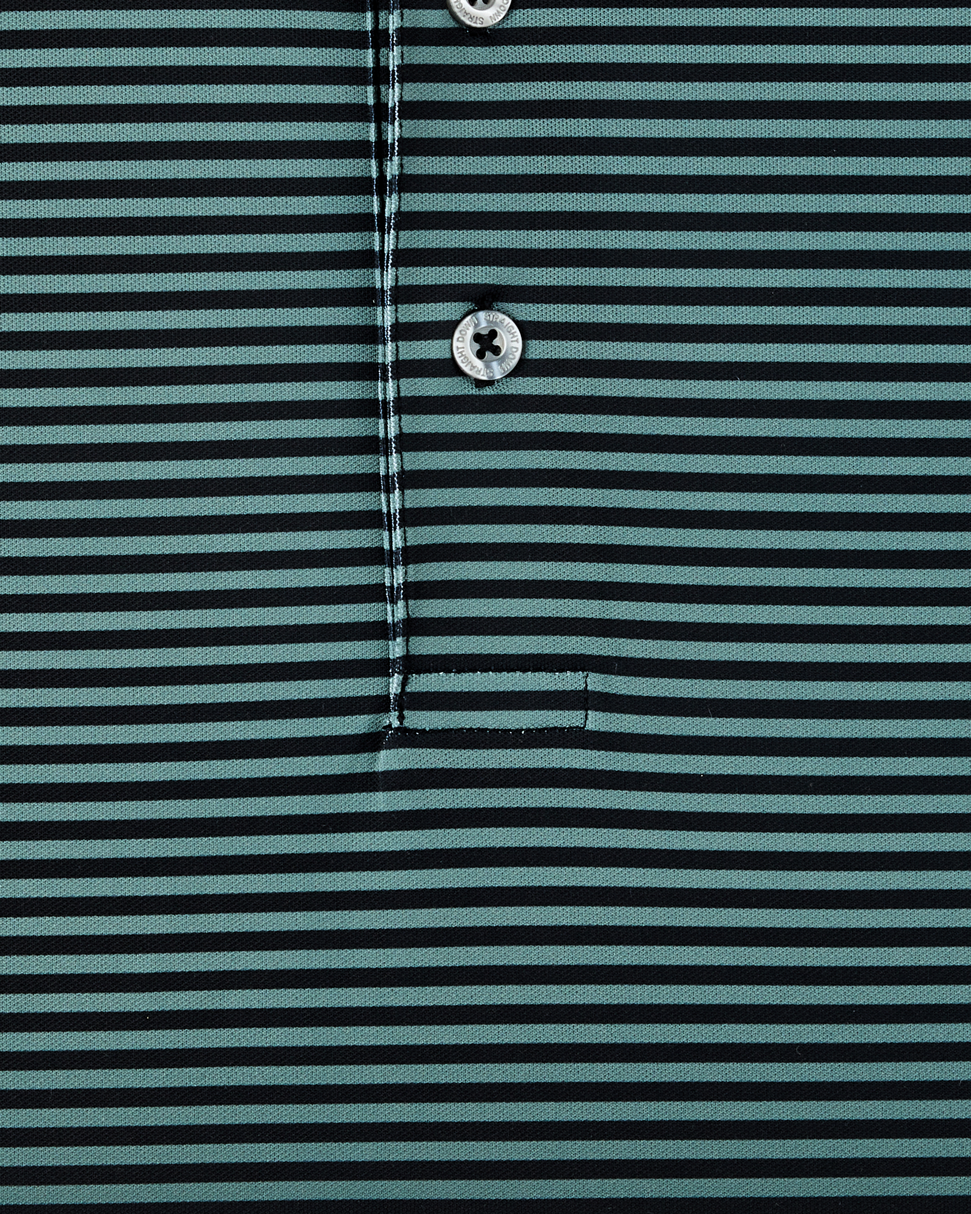 Close-up of dark green and black striped performance golf polo with button placket