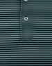Close-up of dark green and black striped performance golf polo with button placket