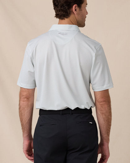 Del Mar Stripe Polo in Herb Green, back lifestyle view on model