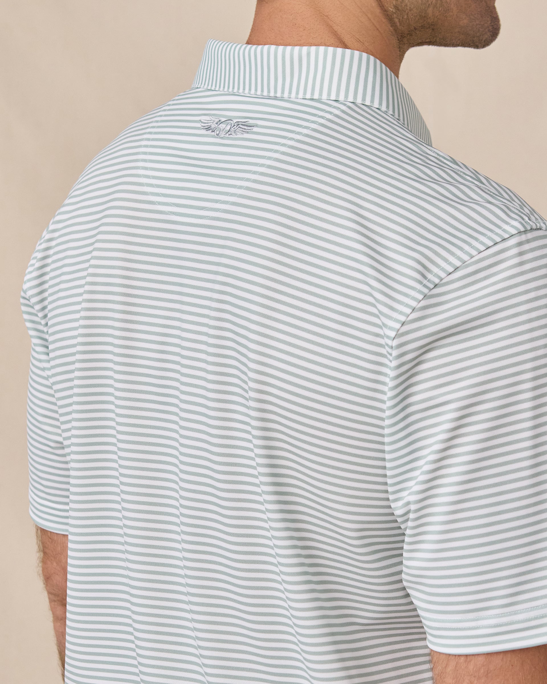 Del Mar Stripe Polo in Herb Green, back logo detail close-up