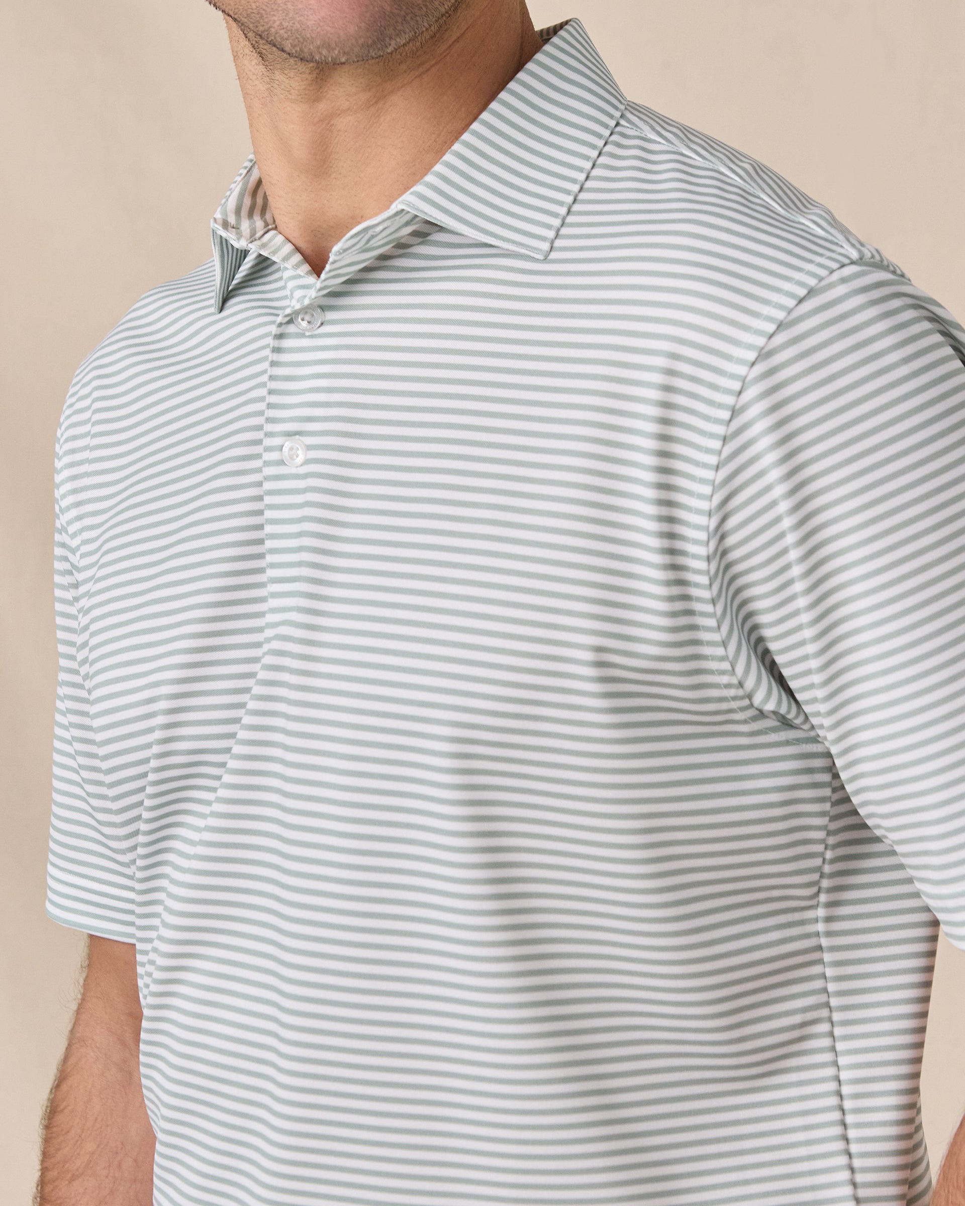 Del Mar Stripe Polo in Herb Green, close-up detail of collar and striped fabric