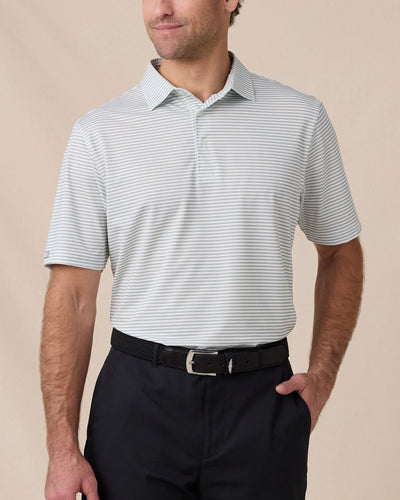 Del Mar Stripe Polo in Herb Green, front lifestyle view on model
