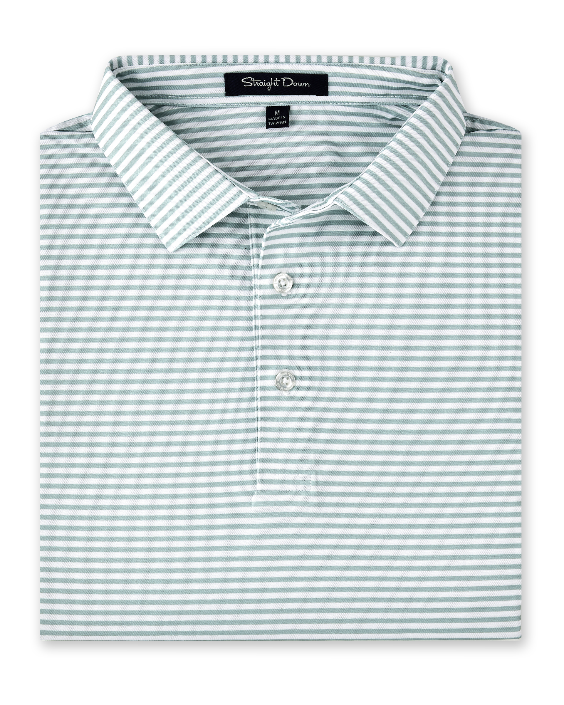 Men’s light green and white striped golf polo folded with collar and buttons