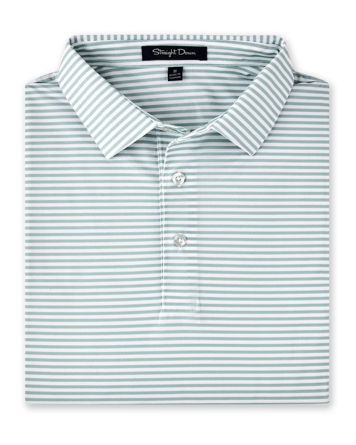 Men’s light green and white striped golf polo folded with collar and buttons