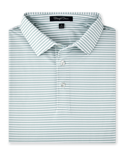 Men’s light green and white striped golf polo folded with collar and buttons