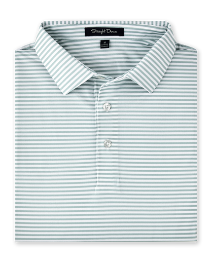 Men’s light green and white striped golf polo folded with collar and buttons