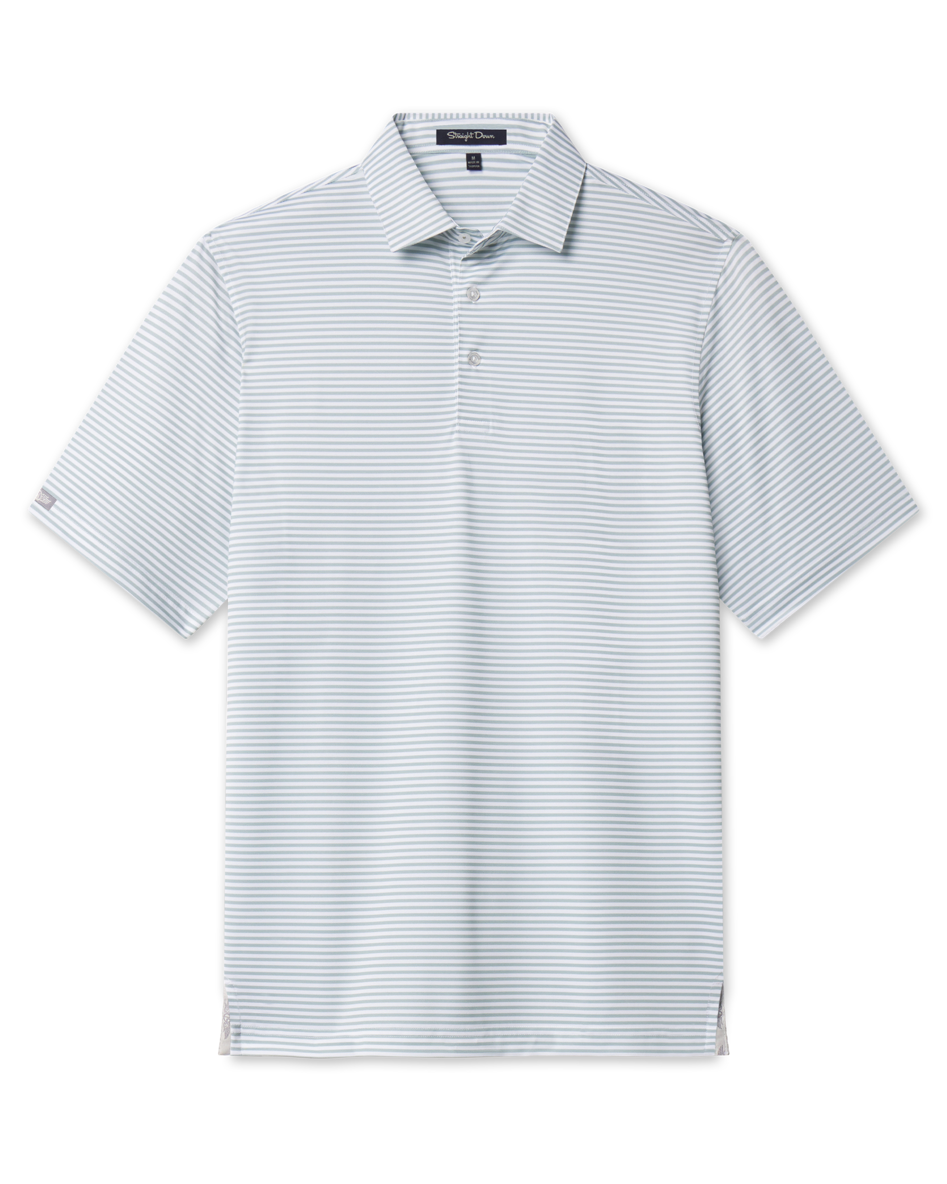 Men’s light green and white striped short sleeve performance golf polo