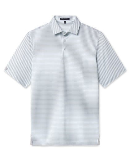 Men’s light green and white striped short sleeve performance golf polo