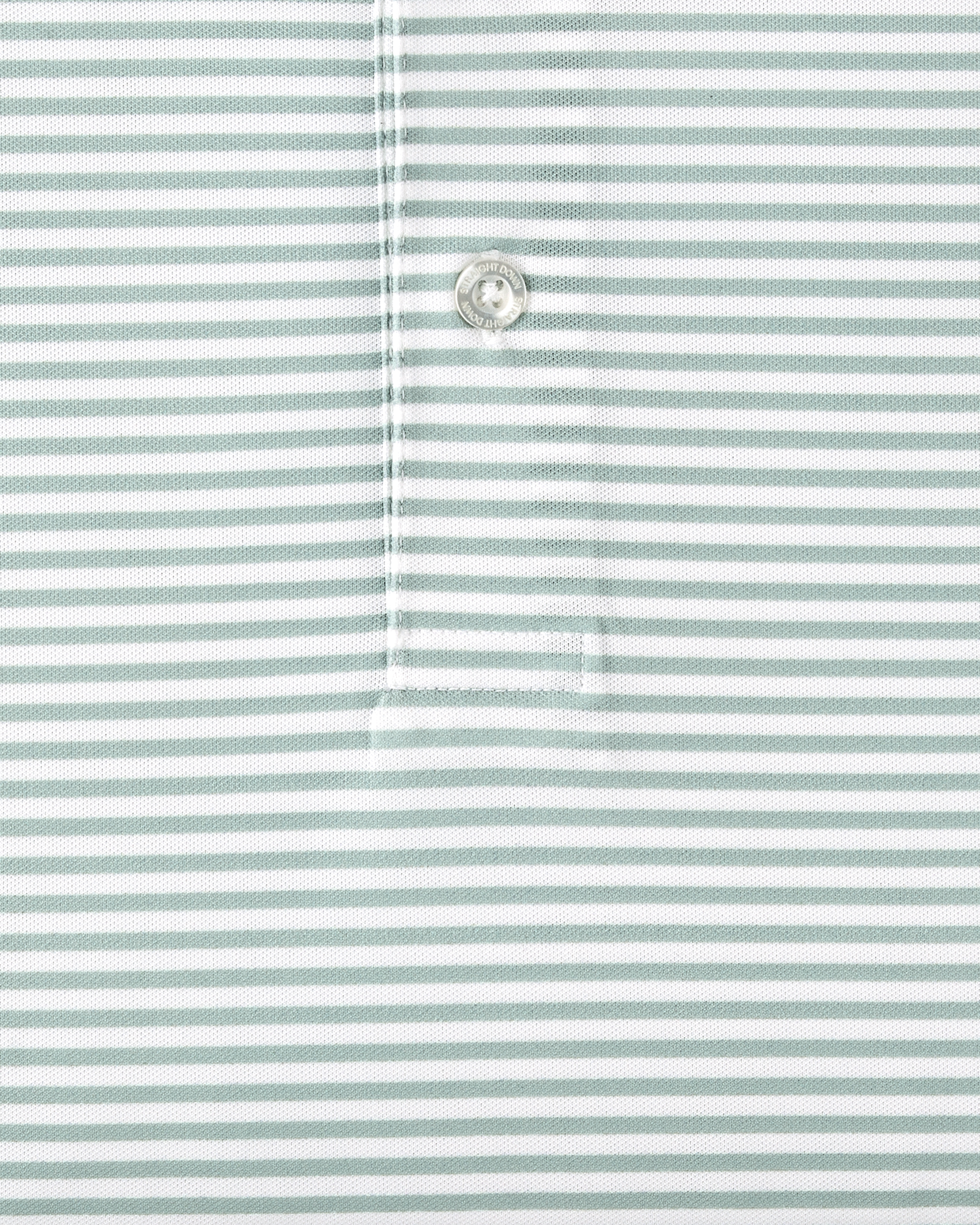 Close-up of light green and white striped performance polo fabric and placket