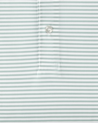 Close-up of light green and white striped performance polo fabric and placket