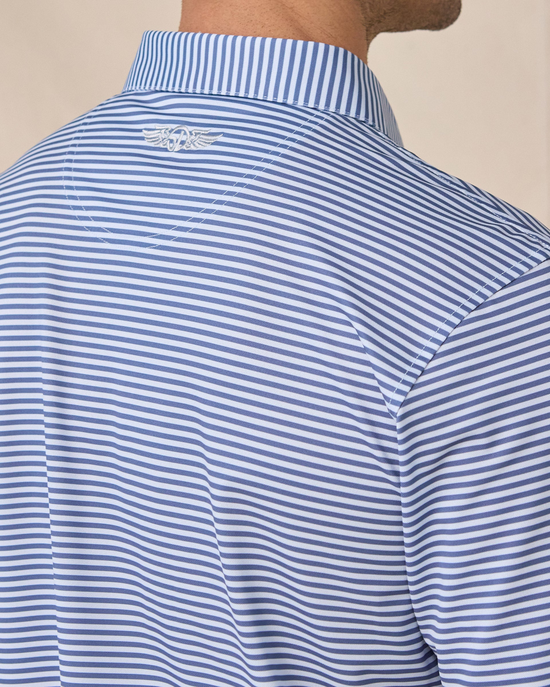 Del Mar Stripe Polo in Lake Blue, back logo detail close-up