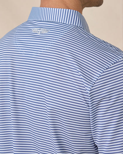 Del Mar Stripe Polo in Lake Blue, back logo detail close-up