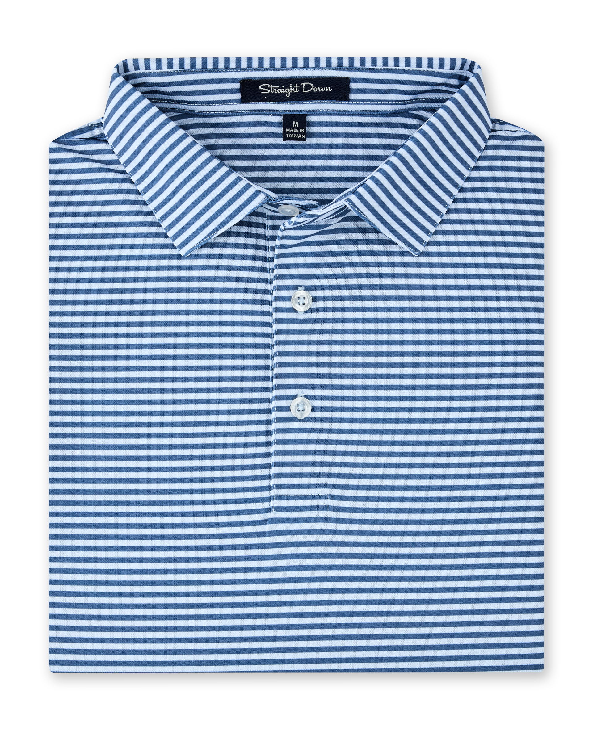 Men’s Del Mar Stripe Polo in Lake Blue, folded front view