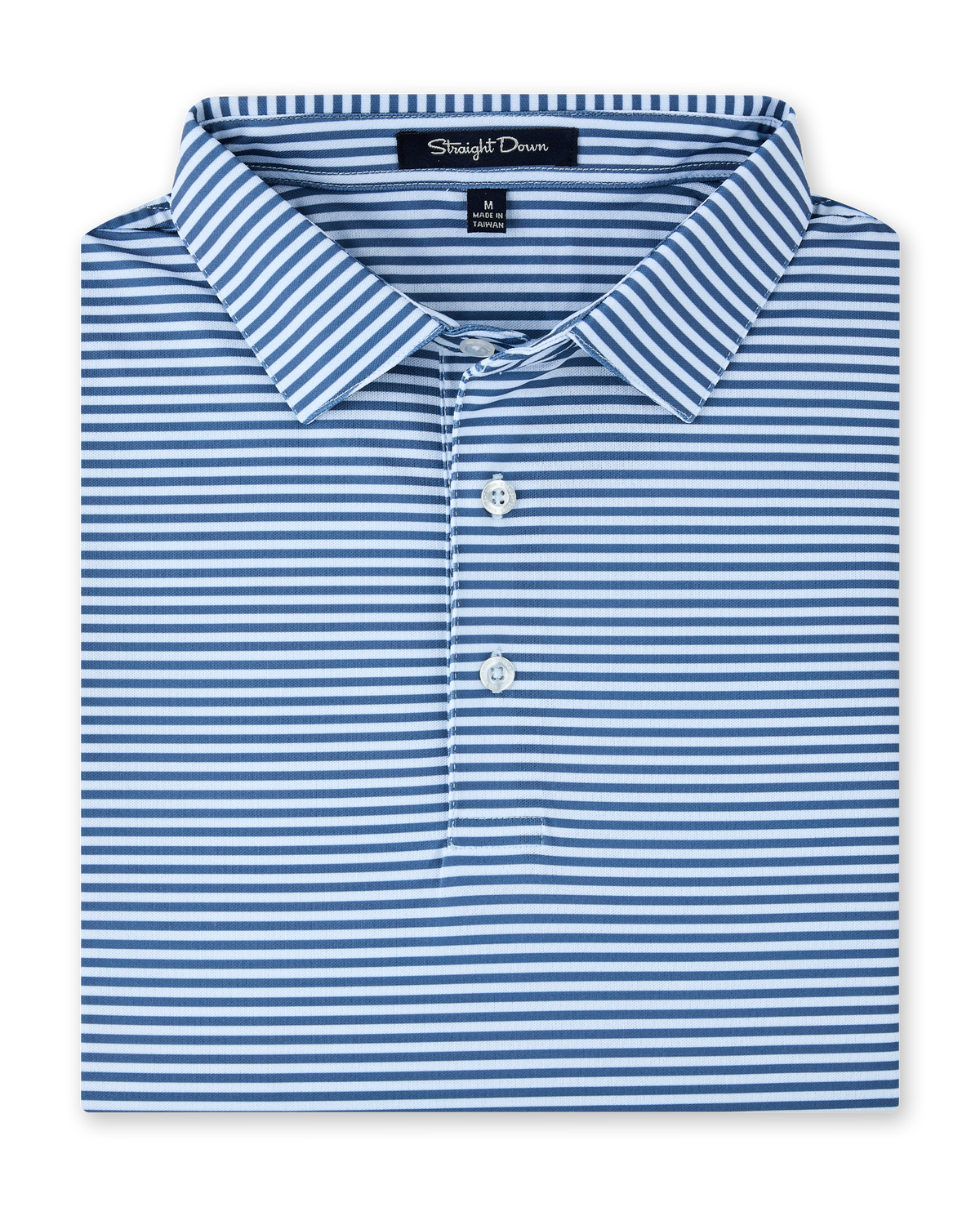 Men’s Del Mar Stripe Polo in Lake Blue, folded front view