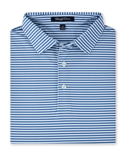 Men’s Del Mar Stripe Polo in Lake Blue, folded front view