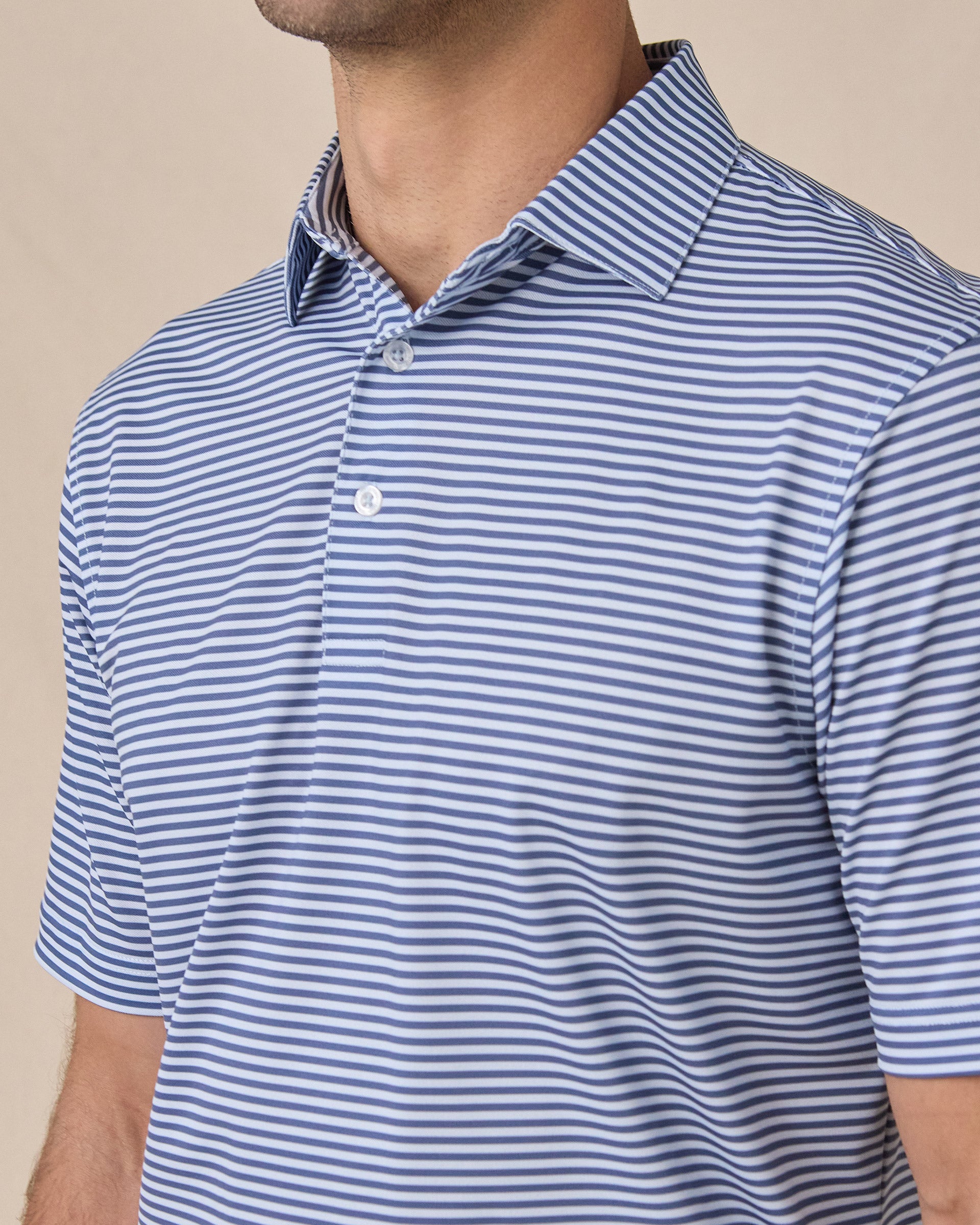 Del Mar Stripe Polo in Lake Blue, collar detail close-up