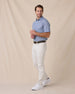 Men’s Del Mar Stripe Polo in Lake Blue, styled full outfit view with light pants