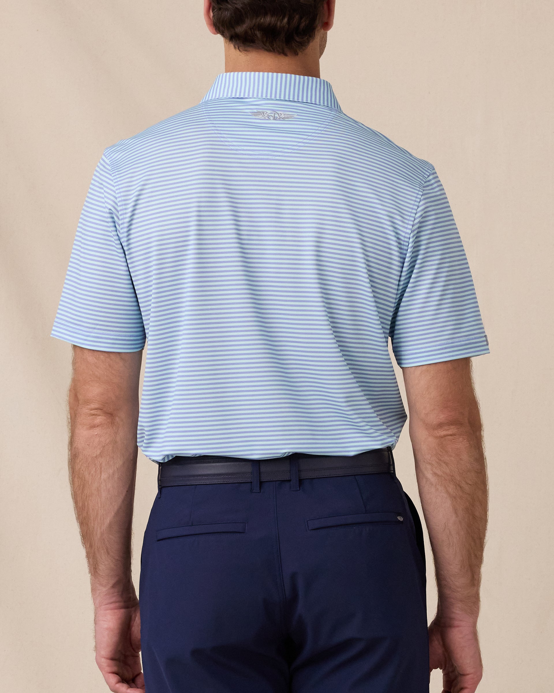 Del Mar Stripe Polo in Mint Tea, back lifestyle view on model