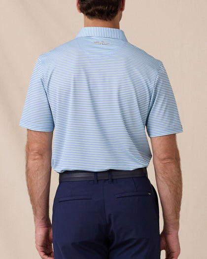Del Mar Stripe Polo in Mint Tea, back lifestyle view on model