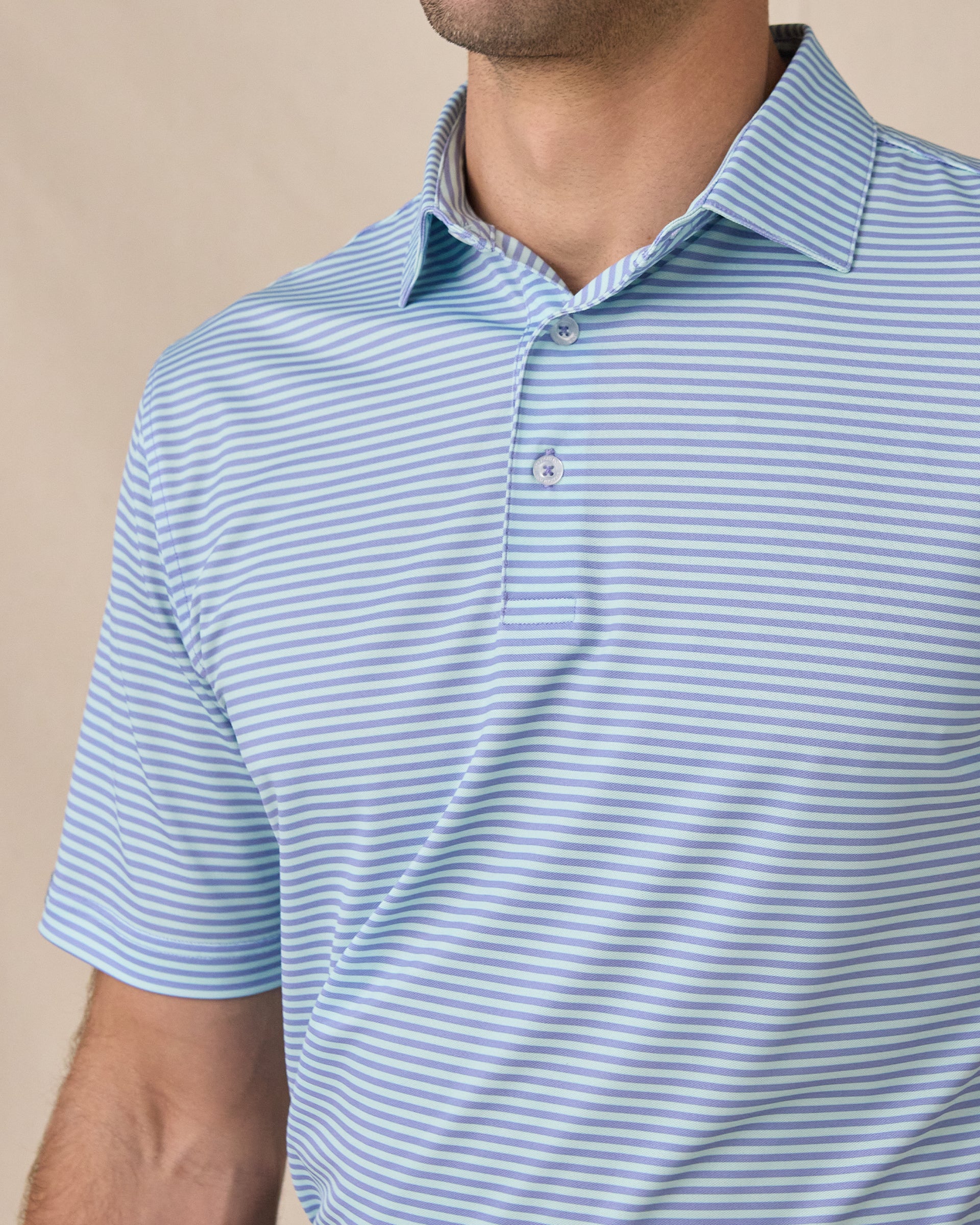Del Mar Stripe Polo in Mint Tea, close-up detail of collar and striped fabric
