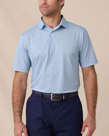 Del Mar Stripe Polo in Mint Tea, front lifestyle view on model