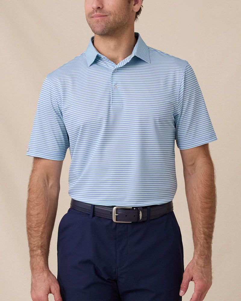Del Mar Stripe Polo in Mint Tea, front lifestyle view on model