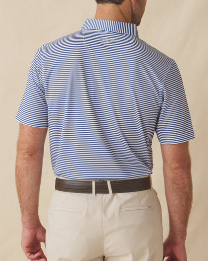 Del Mar Stripe Polo in Moonlight Blue, back lifestyle view on model