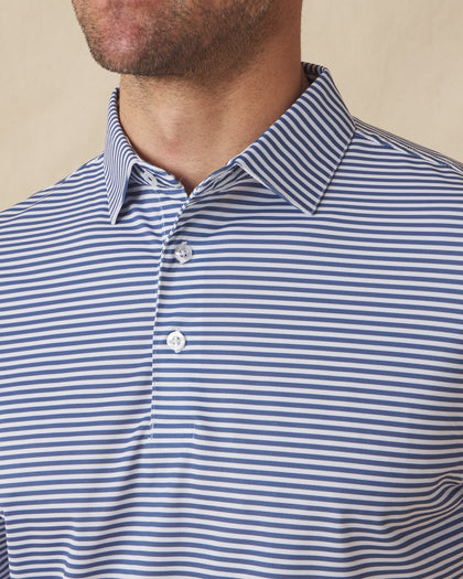Del Mar Stripe Polo in Moonlight Blue, close-up detail of collar and striped fabric