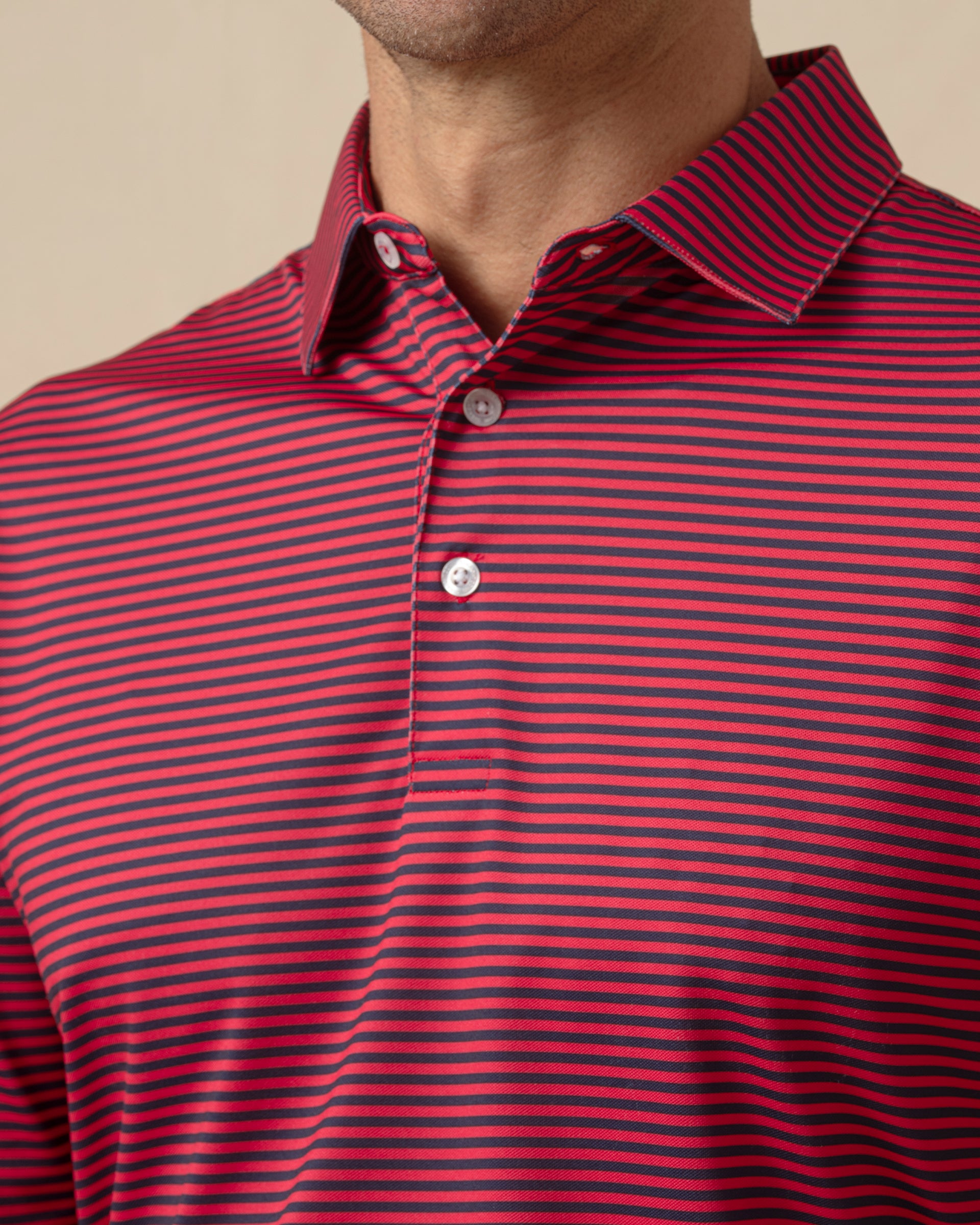 Del Mar Stripe Polo in New Indigo / Flag Red, collar detail close-up view