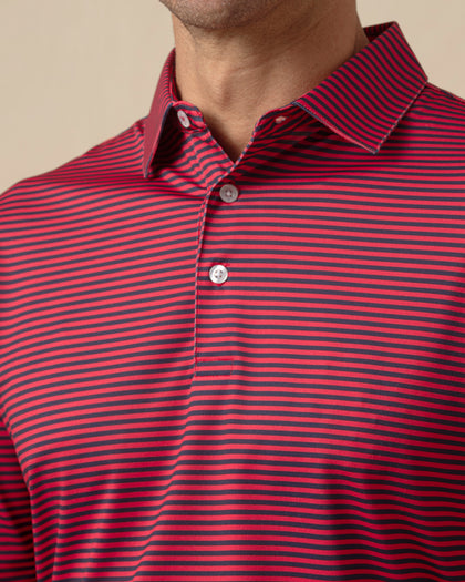 Del Mar Stripe Polo in New Indigo / Flag Red, collar detail close-up view