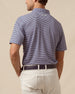 Men’s striped polo in indigo and lilac shown from the back with light khaki pants