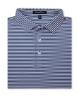 Del Mar Stripe Polo in new indigo and lilac, folded view showing collar and stripe pattern