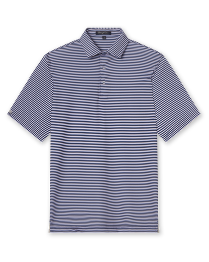 Del Mar Stripe Polo in new indigo and lilac, full front product view showing classic fit and design